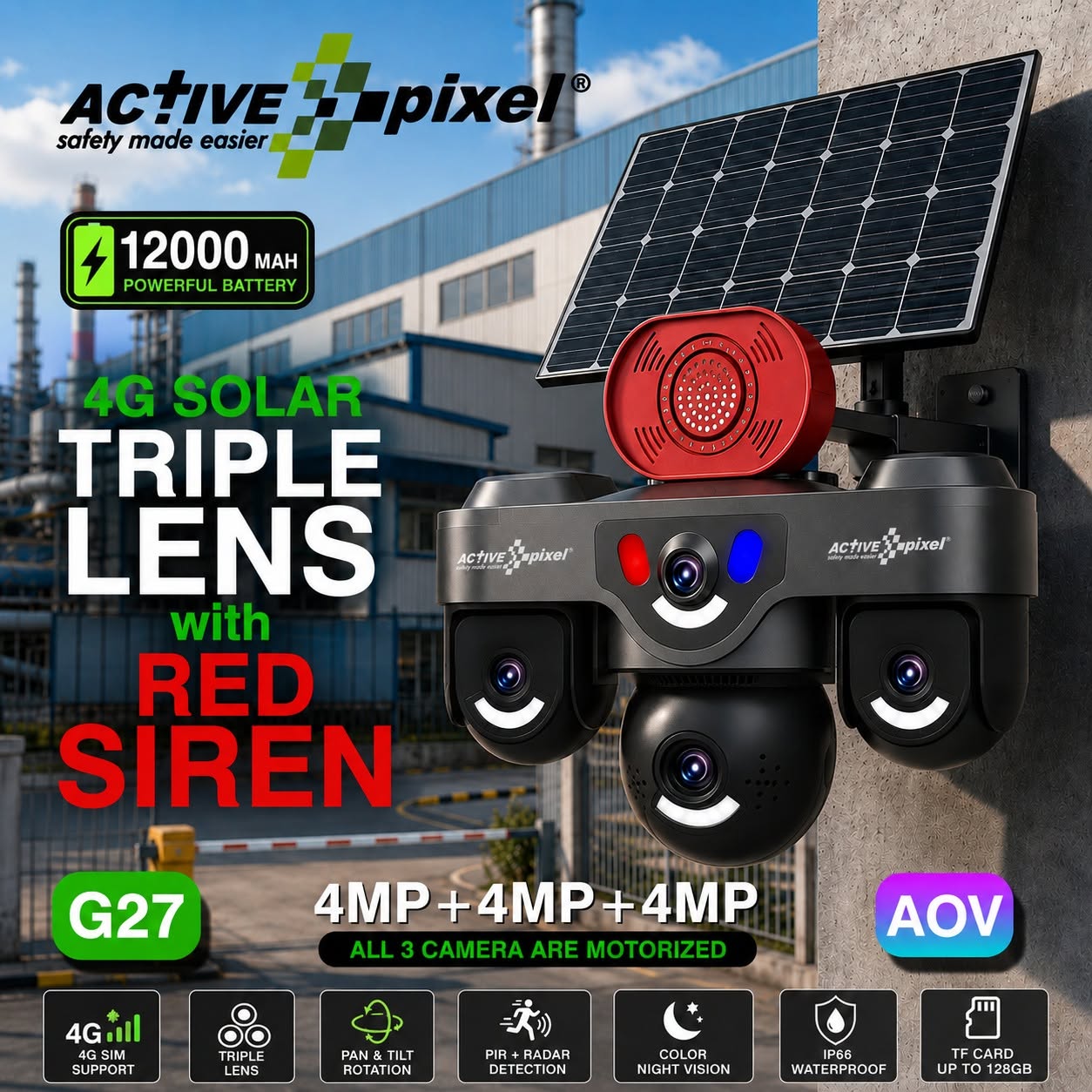 Active Pixel G27 4G Solar Triple Lens PT Security Camera 4MP+4MP+4MP with Motorized PT