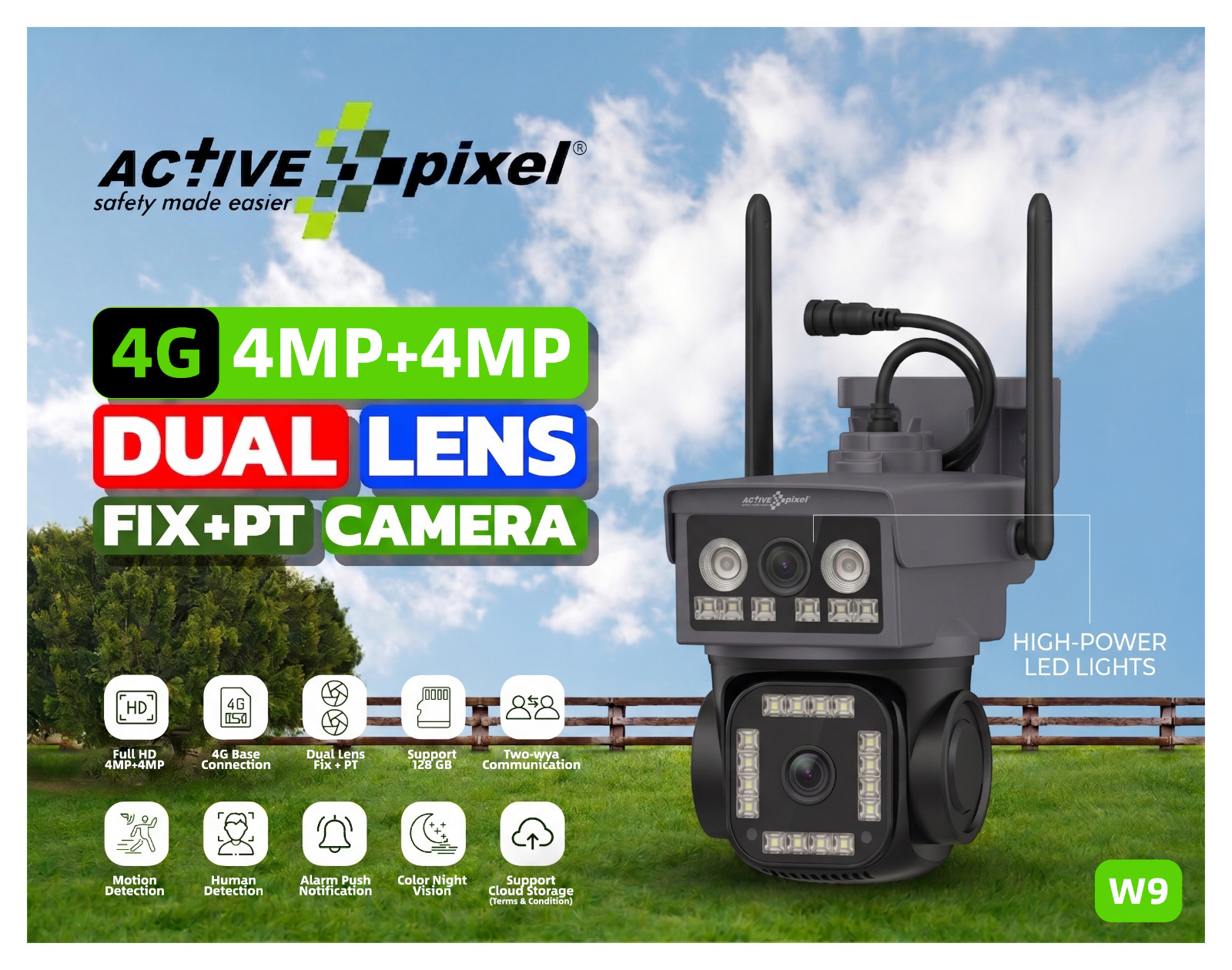 Active Pixel W9 4G Dual Lens PT Security Camera with 4MP+4MP Dual Camera and Motorized Pan Tilt`