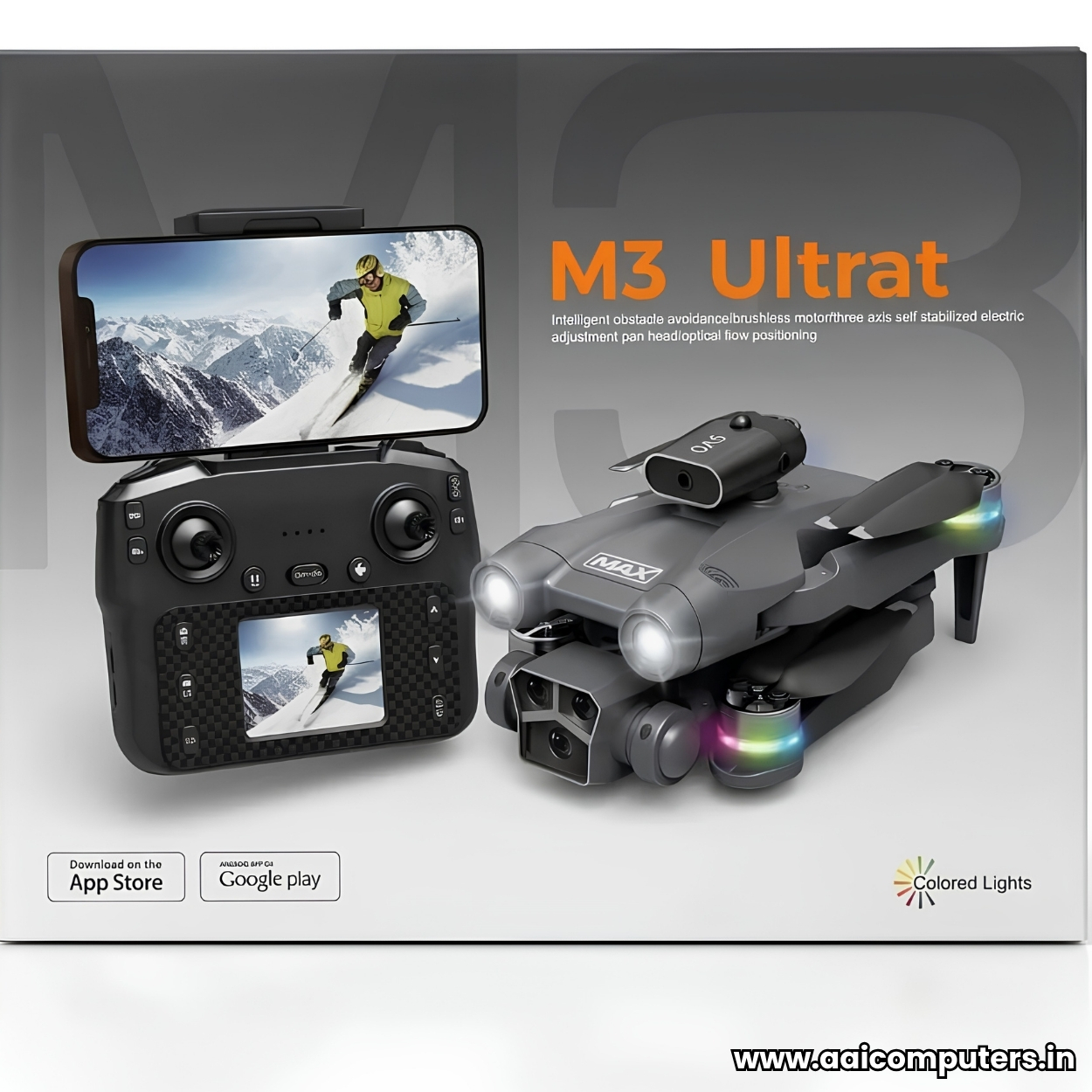 M3 Ultra Dual Camera Drone with Display Remote | Dual 1080P HD Cameras | Obstacle Avoidance | Brushless Motors | RGB Night Lights | One-Key Takeoff/Landing | 2 Batteries | Foldable Camera Drone