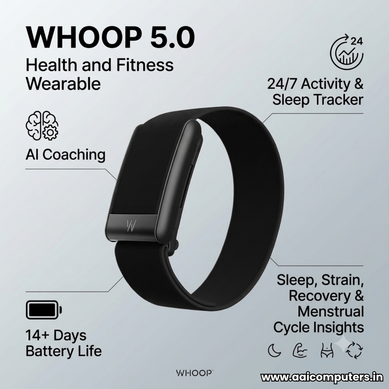 WHOOP 5.0 Health & Fitness Band Replica | 14+ Days Battery | 24/7 Heart Rate & HRV Tracking | Sleep & Recovery Monitoring | VO2 Max | Activity & Strain Tracking | Bluetooth | IP68 Water Resistant | Screen-Free Smart Wearable