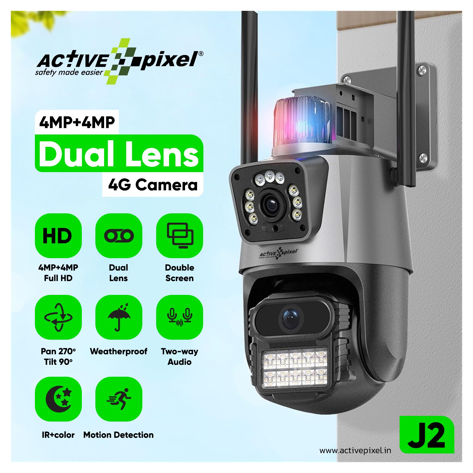 Active Pixel J2 4G Dual Lens PT Security Camera with 4MP+4MP Dual Camera and Motorized Pan Tilt