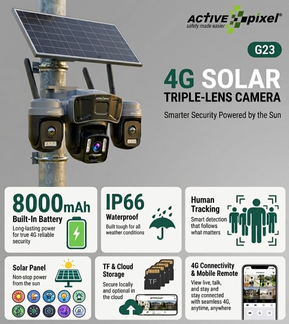 Active Pixel G23 4G Solar Triple Lens Security Camera with 8000mAh Battery and Human Tracking
