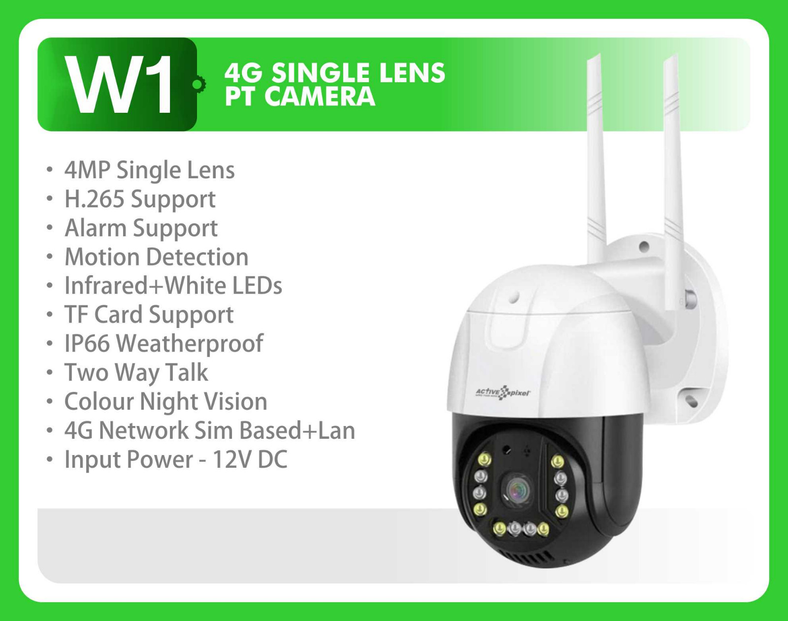 Active Pixel W1 | 4MP | 4G SIM Based PT Security Camera | Colour Night Vision | Two-Way Talk | Motion Detection | IP66